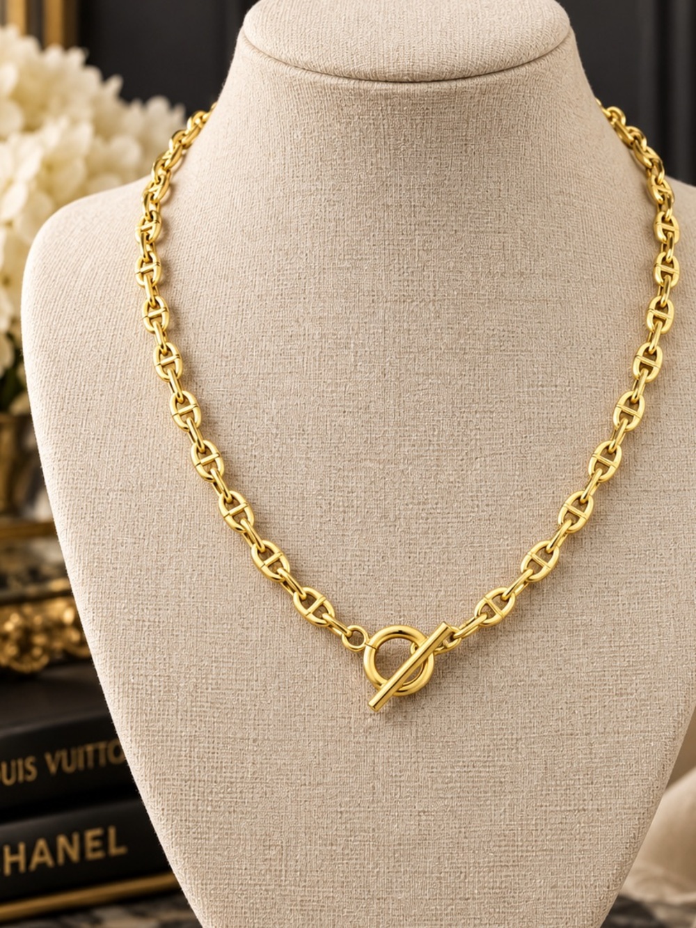 Gold Tone Snaffle Horse Bit Necklace Front Toggle Equestrian Statement Chain